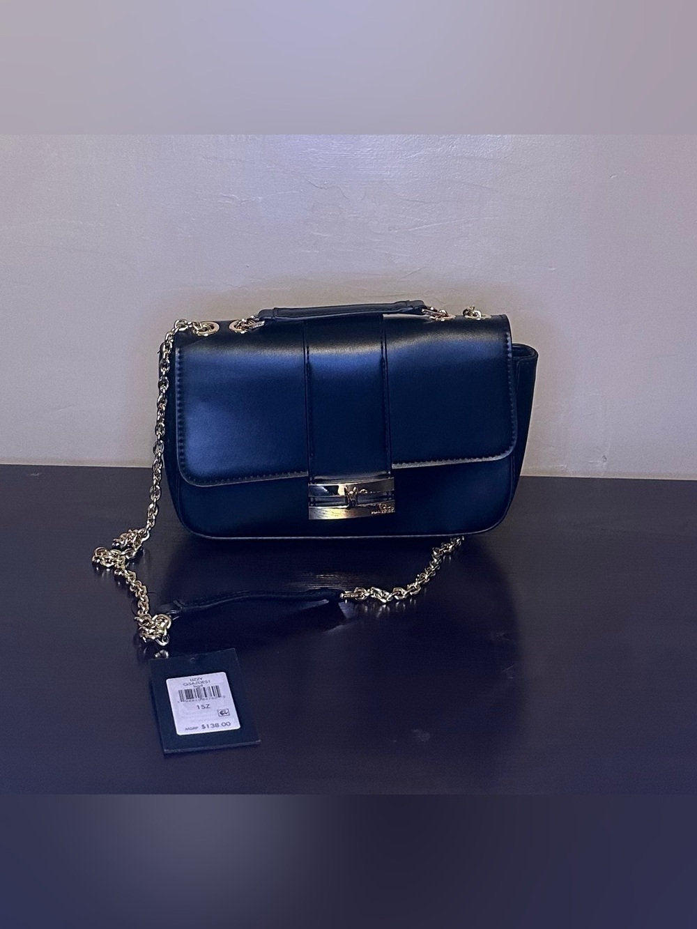 Halston Black Leather Crossbody Bag with Gold Chain
